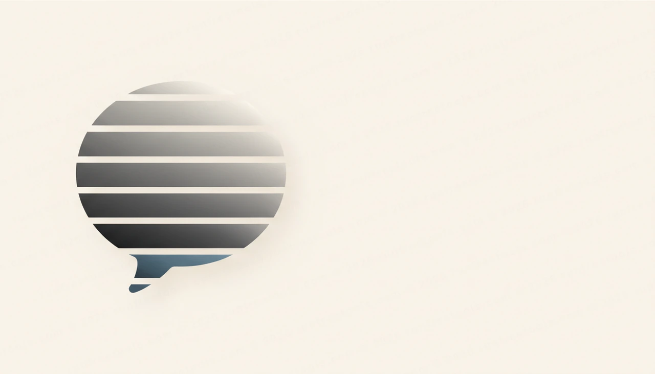 Minimalist flat-vector speech bubble with soft horizontal caption lines, slate-blue accent, on warm off-white background