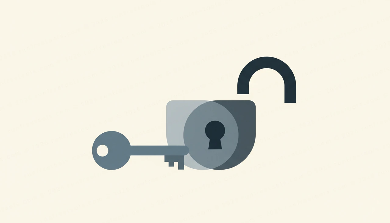 A single key resting beside an open padlock, flat-vector style, suggesting an unlocked, no-cost tool