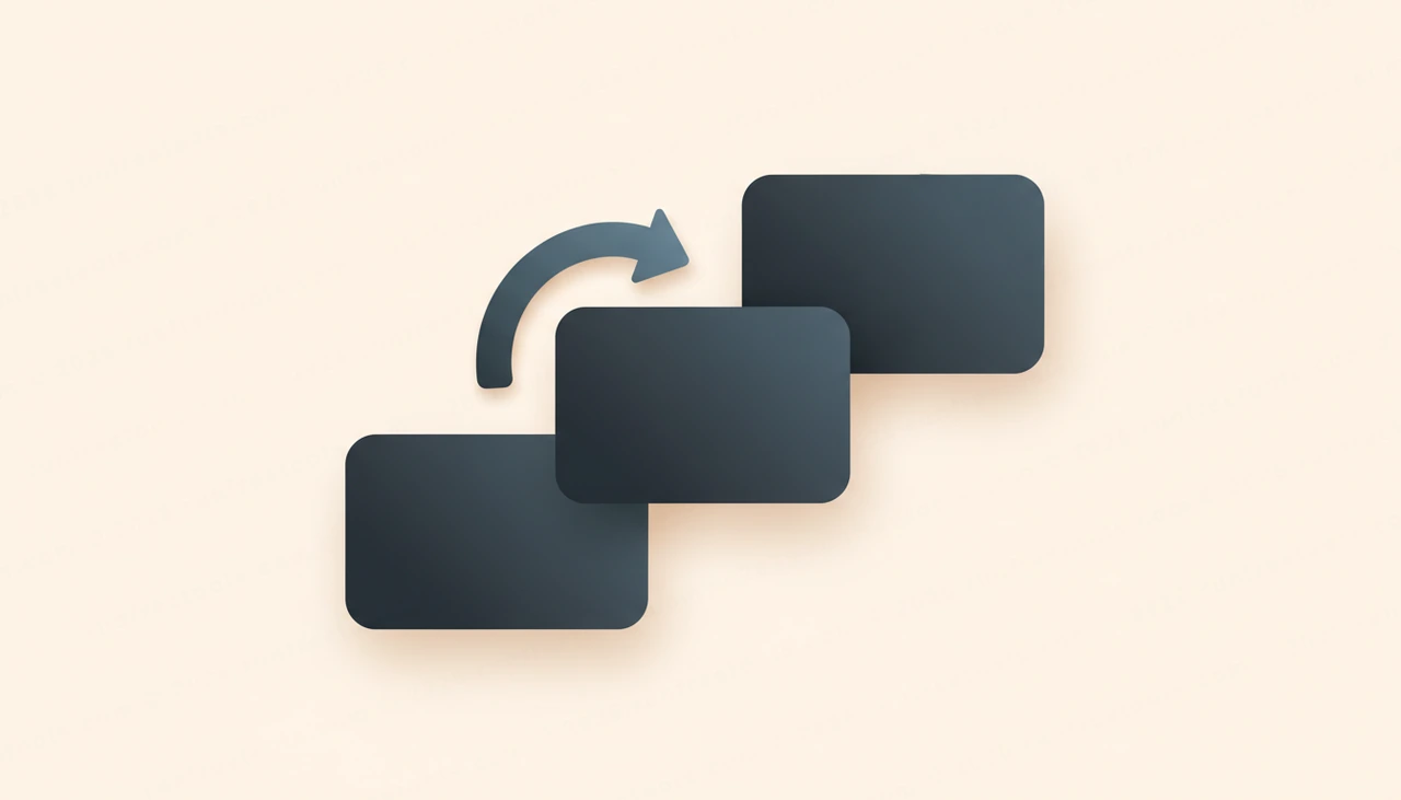 Three rounded rectangular cards being rearranged into order, flat-vector, representing reordering PDF pages