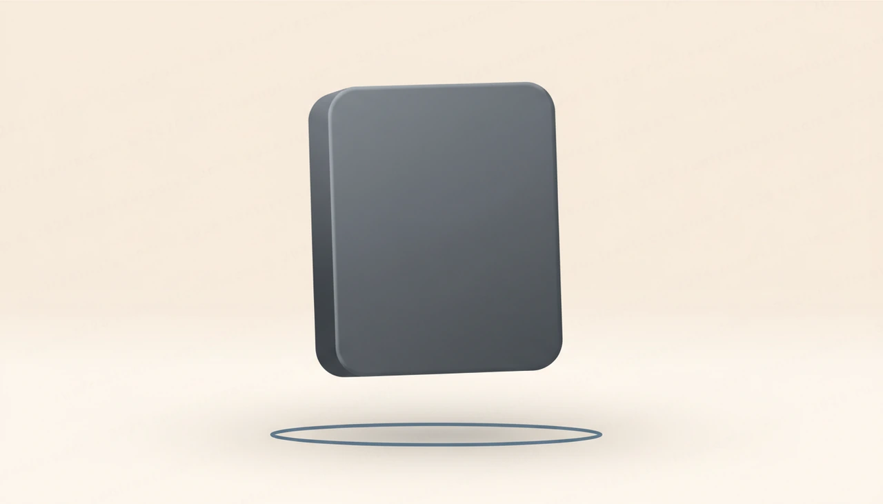 A flat-vector product box on a soft off-white surface lifted free of its shadow, one slate-blue cutout outline around it, lots of negative space