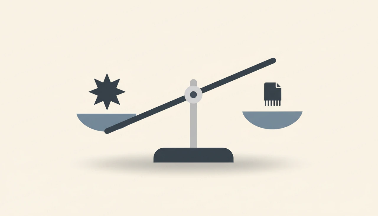 Flat-vector balance scale weighing a sharpness symbol against a small file shape