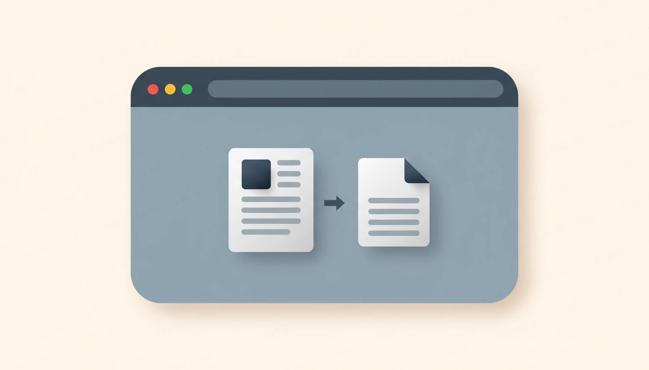 A single document transforming into a different shape inside a rounded browser window, soft greys with one slate-blue accent