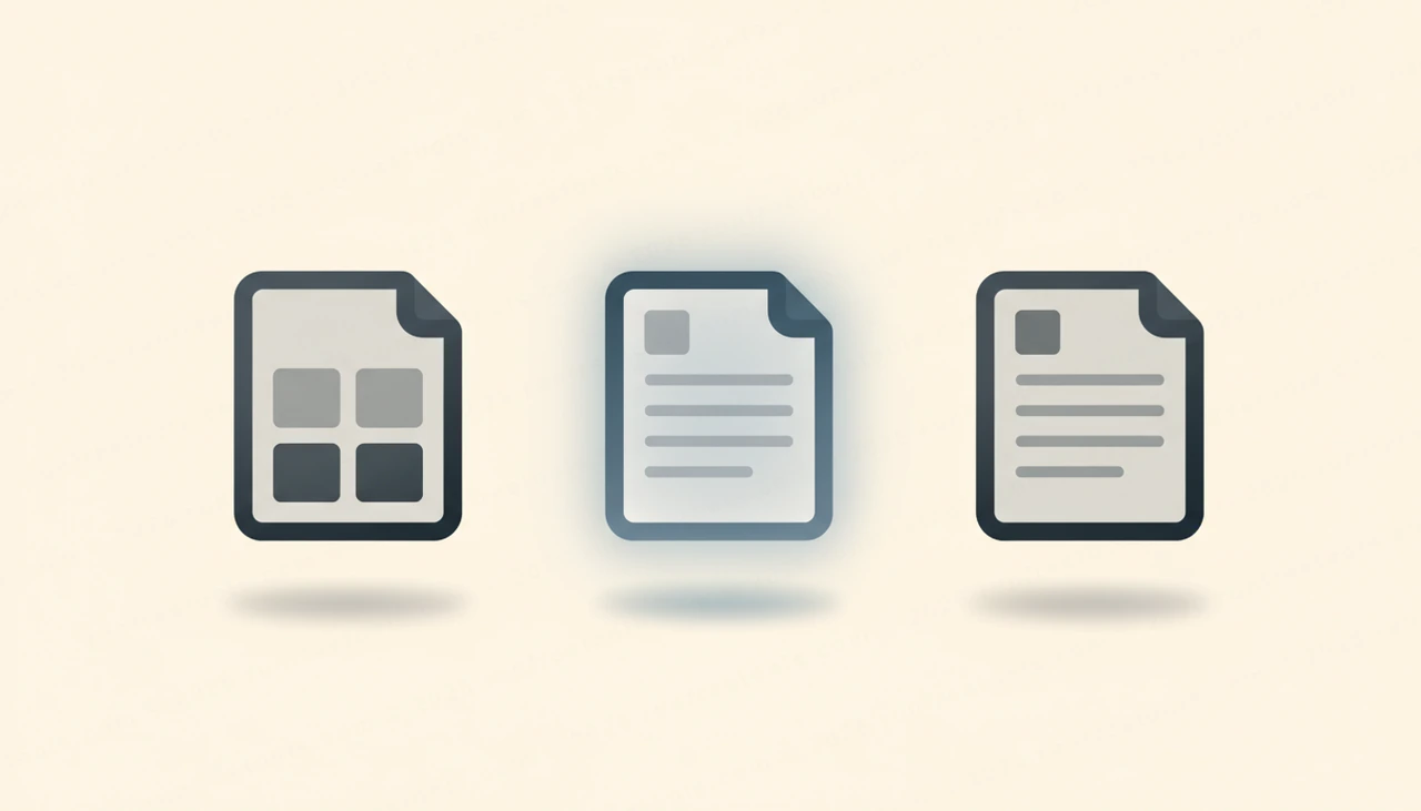 A single clean document outline being chosen from three layout shapes